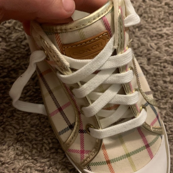 Coach. Barrett Tattersall sneakers. Cream background with multi colored plaid. - Picture 2 of 8